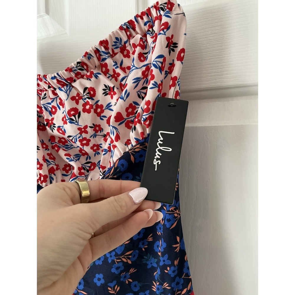 NEW Golden Hour Blush Navy Floral Print Strapless Midi Dress Asymmetrical Spring - Picture 4 of 7